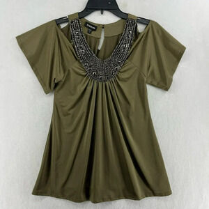 Bebe Blouse Womens S Green Round Neck Embellished Beads Keyhole Cold Shoulder
